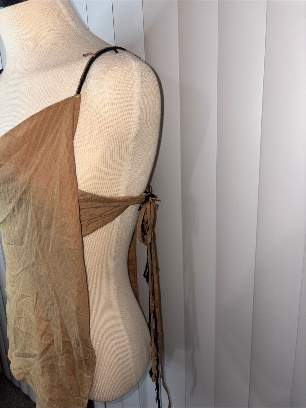 ZARA Women’s Tan Asymmetric Cowl Neck Draped Beaded Straps Textured Top XS - Picture 3 of 9